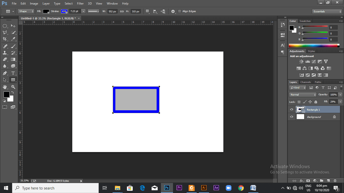 Blue outlined grey rectangle on a white canvas