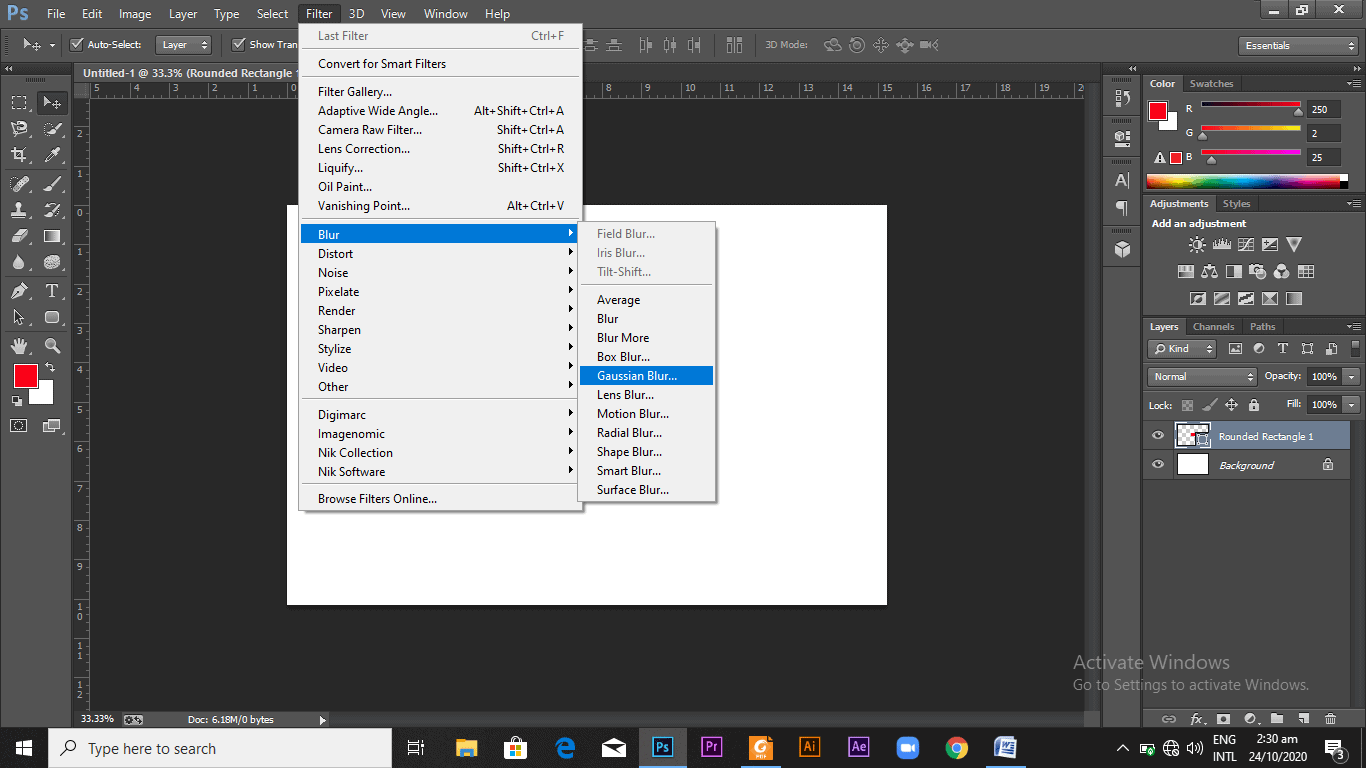 Selecting the blur option