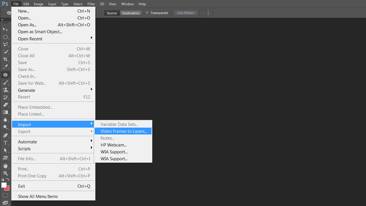 Selecting "Video frames to layers" option