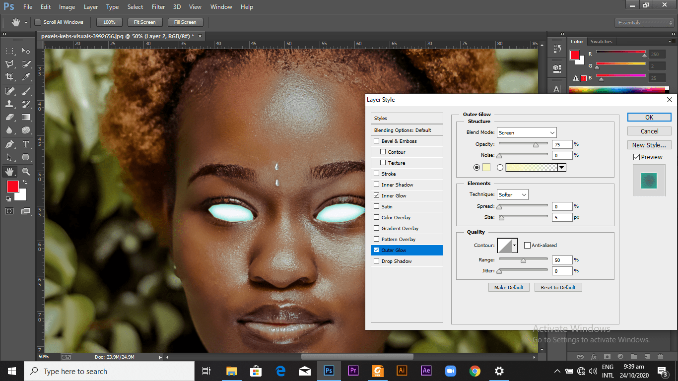 Changing the outer glow settings