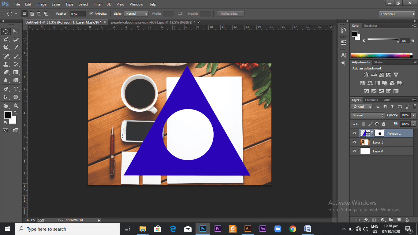 A cut out of the triangle and the circle on the image