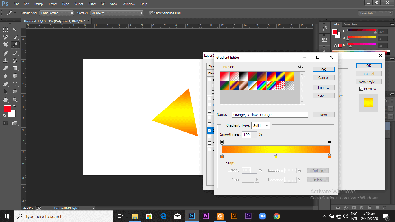 Dialogue box for gradient editor