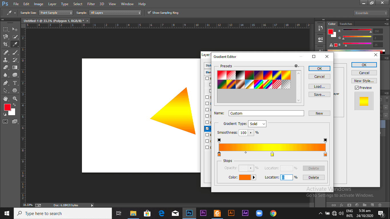 Dialogue box for gradient editor